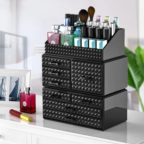 Miniatura 8 de Paquete de 3 organizadores de maquillaje apilables [actualizados], estuches de almacenamiento de cosméticos acrílicos con 8 cajones organizadores