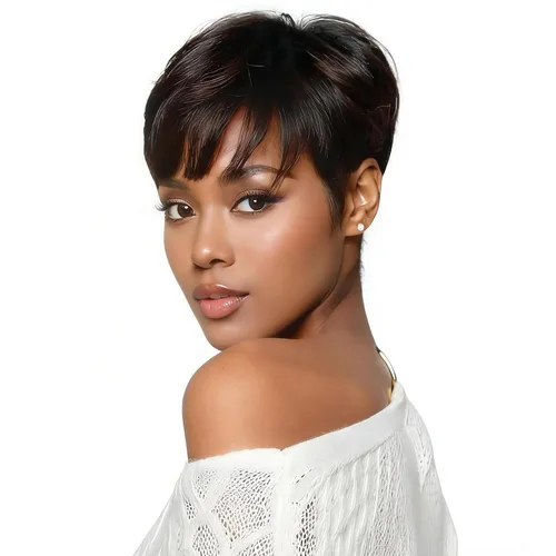 Miniatura 20 de Peluca de cabello humano con corte Pixie para mujeres negras, 100% cabello humano real, peluca corta y recta sin pegamento con flequillo, hecha a