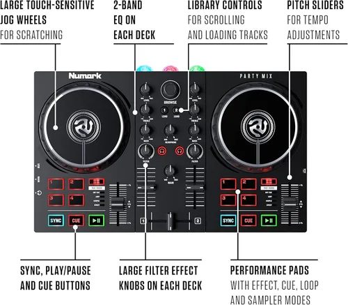 Miniatura 4 de Paquete de controlador DJ - Set DJ USB con luces de fiesta, 2 cubiertas, mezclador DJ, interfaz de audio y auriculares DJ - Numark Party Mix II