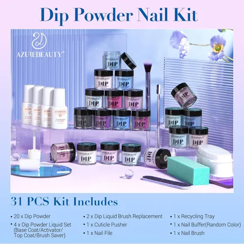 Miniatura 8 de AZUREBEAUTY Kit de iniciación de uñas en polvo de inmersión, 20 colores morado y azul con purpurina, bandeja de reciclaje de polvo de inmersión