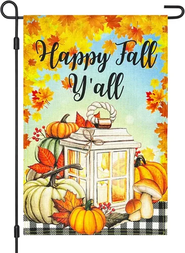 Miniatura 10 de Bandera decorativa de arpillera de otoño para jardín, 12 x 18 pulgadas, de doble cara, calabaza, cachorro, madrás, a cuadros, pequeñas banderas