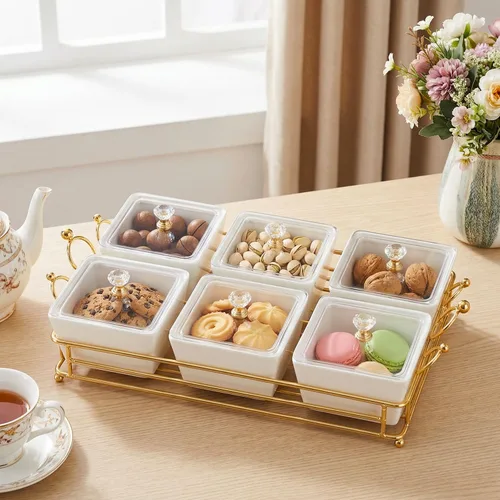 Miniatura 6 de YA JU Cuencos de cerámica y con tapa, bandejas doradas, 6 cuencos pequeños extraíbles, bandejas para condimentos, juego de frutos secos, para Blanco