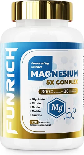 Suplemento complejo de magnesio 5 en 1 con vitamina B6, suplemento de magnesio de mayor absorción, para sueño, nervios y salud cardíaca, huesos,