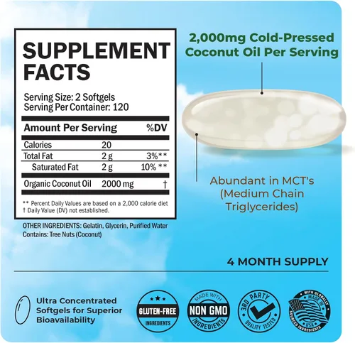 Miniatura 4 de Cápsulas de Aceite de Coco 2000mg - Orgánico Puro Extra Virgen Sin Refinar Prensado en Frío Rico en MCT y Sin GMO para Salud de la Piel, Uñas