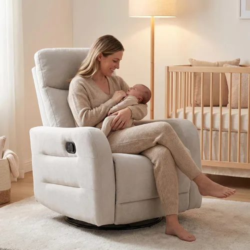 Miniatura 6 de Silla reclinable giratoria de 360°, sillón reclinable manual con asa lateral, silla de salón tapizada de tela para sala de estar, dormitorio