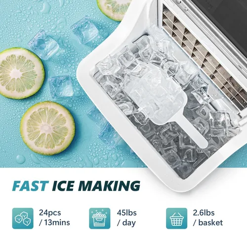 Miniatura 2 de EUHOMY Máquina para hacer cubitos de hielo de encimera, 2 maneras de añadir agua, 45 libras/día, 24 piezas listas en 13 minutos, compacta portátil