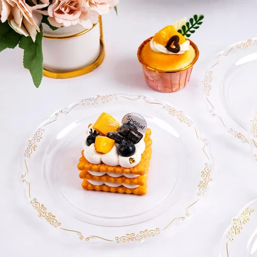 Miniatura 5 de LIYH 200 Piezas Platos de Postre de Plástico Transparente Dorado 7.5" y Tenedores para Pastel 5" - Platos de Plástico Pequeños Transparentes