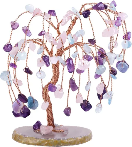 Rockcloud Árbol de cristal de amatista, cuarzo rosa y aguamarina para decoración de oficina en casa, ágata natural, base de geoda bonsái, árbol de