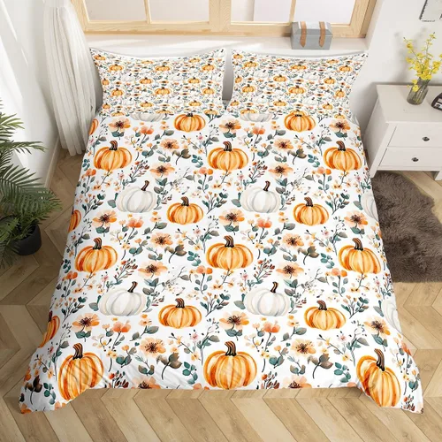 Miniatura 13 de Erosebridal Juego de funda de edredón individual de pavo de Acción de Gracias, juego de ropa de cama de calabaza y hojas de otoño para niños