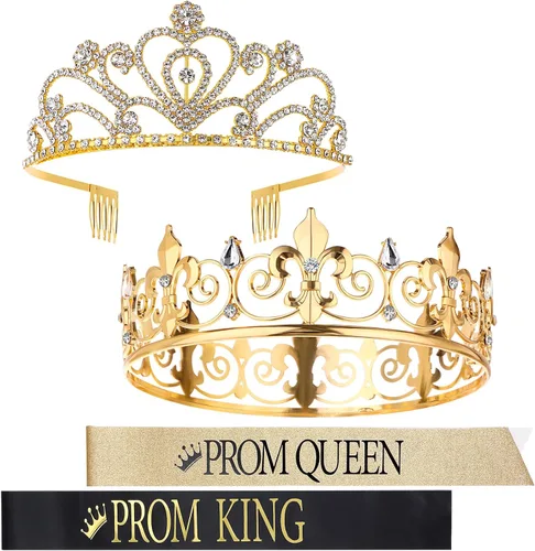 Juego de 4 coronas de graduación King y Queen con fajas, coronas King para hombres, banda de satén brillante con diamantes de imitación, corona de