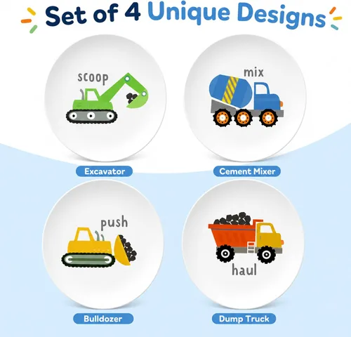 Miniatura 2 de Tiny Expressions - Placas de construcción para niños pequeños - Juego de 4 platos de melamina para niños - Excavadora, mezcladora de cemento