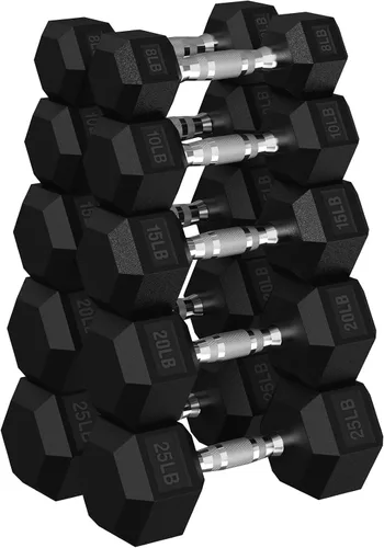 Miniatura 16 de Juego de mancuernas hexagonales con estante, juego de mancuernas de ejercicio y fitness con revestimiento de goma de 720 libras, peso de mano
