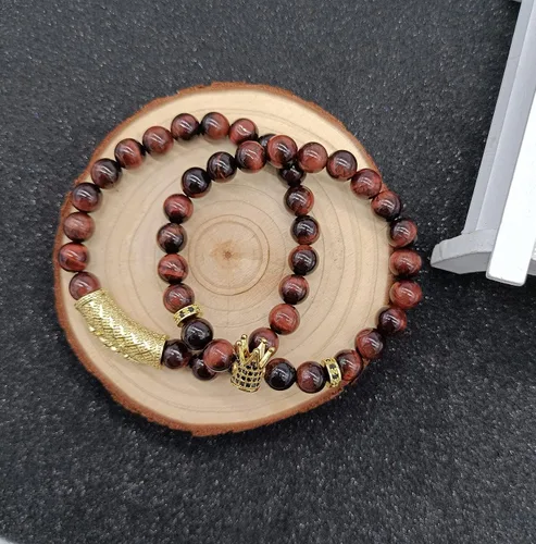 Miniatura 6 de Juego de 4 pulseras de 0.315 in con corona King para hombres y mujeres, ojo de tigre, negro mate, ónix mate, cuentas de piedra natural