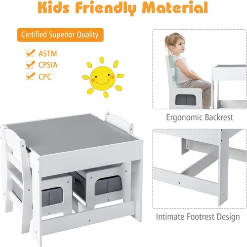 Miniatura 4 de KOTEK Juego de mesa y 2 sillas de madera para niños con pizarra y cajones de almacenamiento, mesa de actividades múltiples para niños para aprender