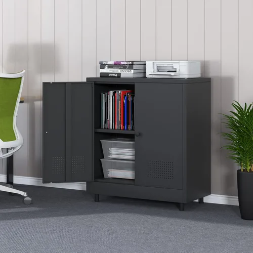 Miniatura 2 de Armario de almacenamiento de metal con 2 puertas y estante ajustable, aparador de acero para el hogar, oficina, garaje, entrada, sala de estar, Negro