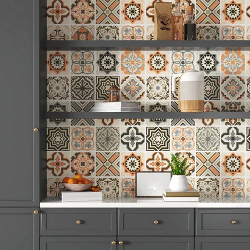 Miniatura 7 de Papel tapiz bohemio para cocina, impermeable, para despegar y pegar, papel de pared color naranja, autoadhesivo, azulejos geométricos, extraíble