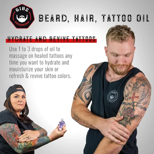 Miniatura 3 de GIBS Grooming - Beard, Hair & Tattoo Oil (1 fl oz) Collectible Glass Bottle - Softens & Strengthens - Skin Moisturizer - Vitamin C - UV Shield