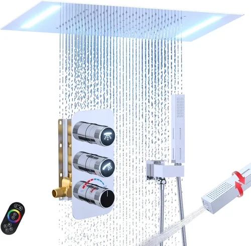 Miniatura 19 de Enga Sistema de cabezal de ducha doble, cabezal de ducha LED de lluvia de 14 x 20 pulgadas con cabezal de pared de 6 pulgadas, juego de grifo de Oro