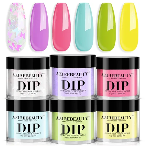 Miniatura 12 de AZUREBEAUTY Polvo de uñas de inmersión, kit de iniciación de 6 colores con purpurina marrón y roja, arte de uñas francesa, manicura de bricolaje