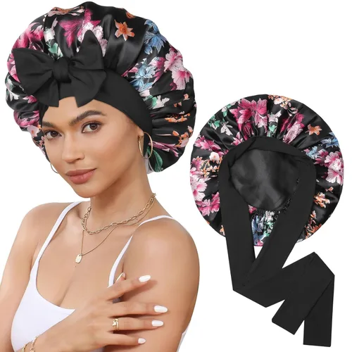 Miniatura 26 de Gorro de satén de seda para dormir, gorro de seda de doble capa con banda elástica para cabello rizado Negro+marrón