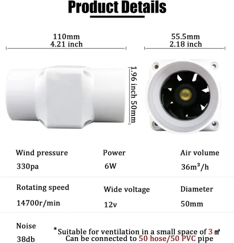 Miniatura 3 de Ventilador de conducto en línea ABS de 12 V 1.969 in Ventilador de tubo de flujo de mezcla pequeño de 2 pulgadas Ventilador de ventilación de 6W