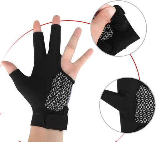 Miniatura 4 de Tbest Biljart Handschoenen, guante de billar para mano izquierda, 4 colores para adultos, 3 dedos, guante de billar para hombres y mujeres (negro L)