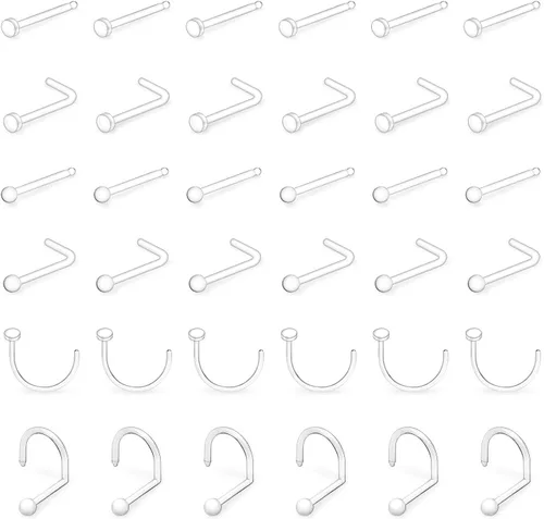 PiercingArt 36 piezas de 0.71 oz pequeños aretes transparentes para la nariz, retenedores para cirugía, trabajo, bioflex, plástico, flexible, en