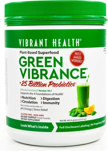 Miniatura 11 de Vibrant Health, Green Vibrance, incluye 65 superalimentos a base de plantas, 25 mil millones de probióticos, fibra, adaptógenos y enzimas, 30
