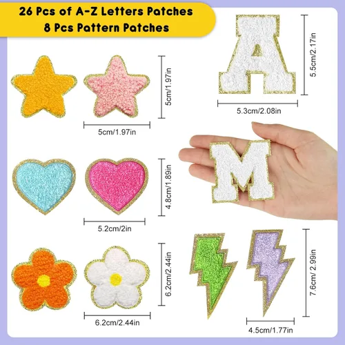 Miniatura 2 de MEEZY 34 parches de letras autoadhesivas de felpilla, apliques bordados de la A-Z, parches de letras termo-adhesivas del alfabeto, parche de tela