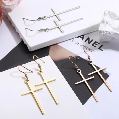 Miniatura 7 de HAIAISO 3 pares de aretes de cruz de acero inoxidable clásicos de oro rosa, plata y cruz colgantes, joyería de cruz minimalista para mujer