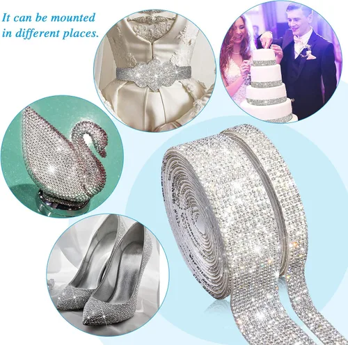 Miniatura 7 de 2 rollos de 6 yardas con diamantes de imitación autoadhesivos de cristal brillante para decoración de bricolaje, cinta de diamante con diamantes
