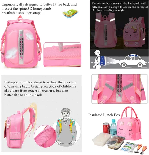 Miniatura 14 de Juego de 2 mochilas escolares con lazos para niñas y estudiantes, diseño de princesa para escuela primaria, 2pcs Negro-s, 2Pcs BagSet S