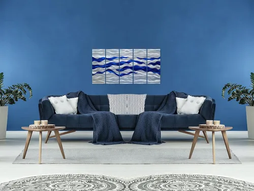 Miniatura 6 de SYGALLERIER Arte de pared abstracto de metal costero, hecho a mano, gran 3D, azul y plateado, ilustraciones modernas de olas de mar, escultura