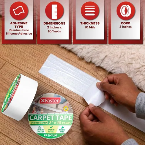 Miniatura 4 de XFasten Cinta para alfombras para suelos de madera dura, 2 x 10 yardas, sin residuos, cinta de alfombra fuerte de doble cara, cinta adhesiva