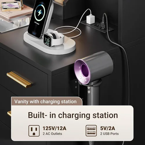 Miniatura 7 de ELYKEN Tocador Moderno con Espejo y Luces, Mesa de Maquillaje con Tablero de Vidrio y Enchufe Eléctrico, Tocador con 6 Estantes de Almacenamiento, 8