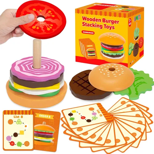 Jumlys Montessori Juguetes de Madera Apilables de Hamburguesa para Niños de 2, 3, 4, 5 Años, Juguetes de Motricidad Fina para Niños y Niñas,