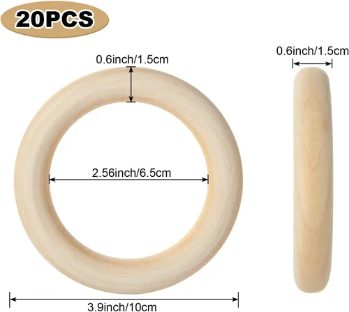 Miniatura 2 de 20 anillos de madera de 4 pulgadas para manualidades, anillos de madera sin terminar de 3.937 in, anillos de madera de macramé, anillos de madera