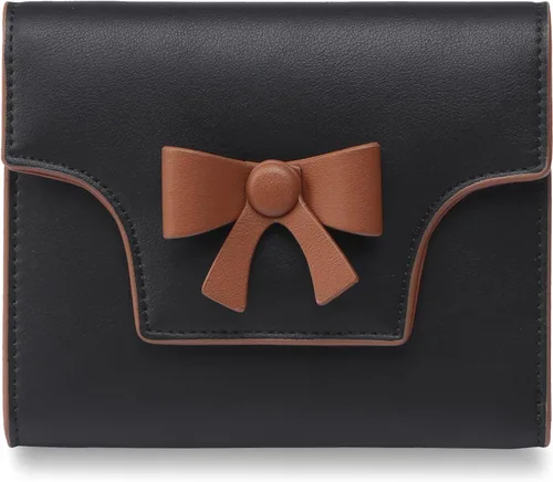 Miniatura 7 de yiijay Cartera pequeña para mujer, lindo lazo con bloqueo RFID, plegable, de cuero, tarjetero, compacto, con bolsillo con cremallera