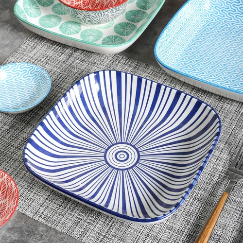 Miniatura 6 de Selamica Platos de cena cuadrados de porcelana de 8 pulgadas, cuencos para ensalada y pasta, juego de 6, colores surtidos