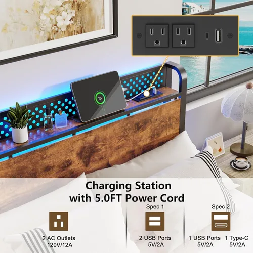 Miniatura 3 de Furnulem Base de cama Queen con almacenamiento de cabecero, marco de cama tamaño Queen con estación de carga y luces LED, no necesita somier