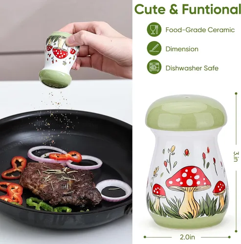 Miniatura 3 de Fungi Fun Juego de salero y pimentero de cerámica con forma de hongo, bonito juego de salero y pimienta para mesa y encimera, contenedores de Verde
