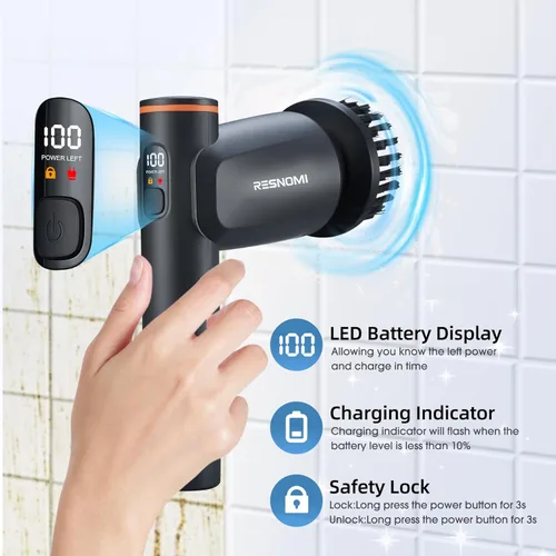 Miniatura 3 de Limpiador eléctrico giratorio, limpiador de ducha de baño con pantalla LCD, limpiador eléctrico de 2 velocidades para limpieza con 6 cabezales