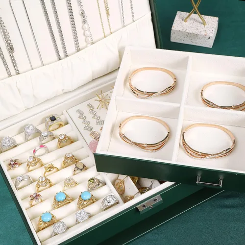 Miniatura 7 de JACIEYU Joyero grande y organizador de anillos para niñas, exquisitas cajas de joyería de viaje de cuero, aretes, collares, pulseras y organizadores