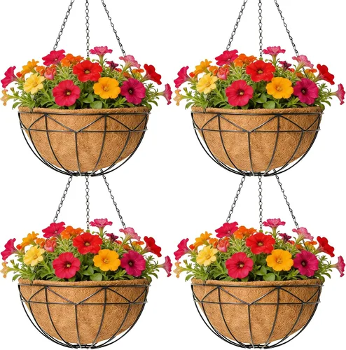Miniatura 8 de Cesta colgante clásica redonda de alambre, 4 paquetes de 12 pulgadas de profundidad, revestimiento de coco de 12 pulgadas de profundidad, para todo