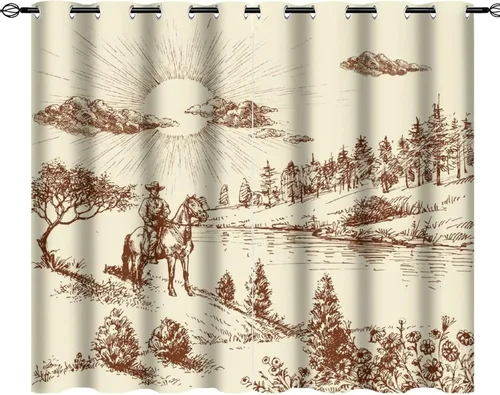 Miniatura 26 de Cortinas opacas retro de vaquero occidental para dormitorio, estilo rústico, cactus, salvaje oeste, vaquero, paseo, caballo, con ojales, aislamiento
