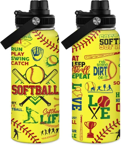 Miniatura 5 de Botella de agua de béisbol – Botellas deportivas aisladas de acero inoxidable de 32 onzas con tapa – Hombres amantes del béisbol jugador aficionado