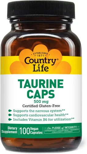 Country Life Tapas de taurina, apoya la salud cardiovascular y el sistema nervioso, 500 mg, 100 cápsulas veganas, certificado sin gluten,
