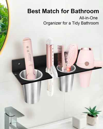Miniatura 2 de Organizador de herramientas para el cabello, soporte para secador de pelo con copas de acero a prueba de calor, organizador de tocador acrílico