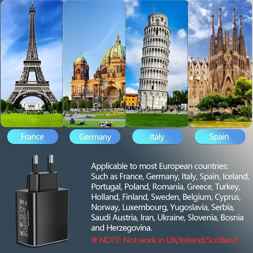 Miniatura 4 de Adaptador de enchufe europeo 40 W 4 puertos cargador USB C europeo, PD20W QC3.0 Europa USB C Bloque de cargador US a Europa adaptador de enchufe