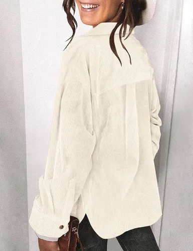 Miniatura 5 de Saslax Camisa de pana para mujer, de manga larga, con botones, cuello en V, holgada, chaqueta